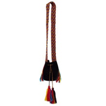 Load image into Gallery viewer, Crocheted Sling Bag in Black with Tassels from Colombia - Wayuu Charm | NOVICA