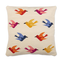 Load image into Gallery viewer, Bird-Themed Ivory Wool Cushion Cover with Colorful Details - Chanting Birds | NOVICA