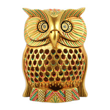 Load image into Gallery viewer, Traditional Jali Kadam Wood Magnet of a Golden Owl - Majestic Sage | NOVICA