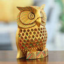 Load image into Gallery viewer, Traditional Jali Kadam Wood Magnet of a Golden Owl - Majestic Sage | NOVICA