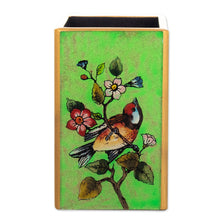 Load image into Gallery viewer, Bird-Themed Reverse-Painted Wood Pen Holder in Green - Spring Prairies | NOVICA