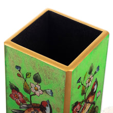 Load image into Gallery viewer, Bird-Themed Reverse-Painted Wood Pen Holder in Green - Spring Prairies | NOVICA