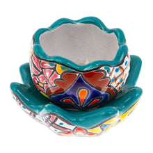 Load image into Gallery viewer, Handcrafted Floral Ceramic Pot with Saucer in a Teal Hue - Talavera Eden in Teal | NOVICA