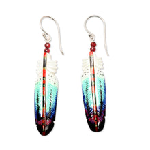 Load image into Gallery viewer, Handcrafted Blue Feather Dangle Earrings with Garnet Beads - Intuition Feathers | NOVICA