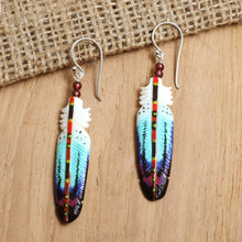 Load image into Gallery viewer, Handcrafted Blue Feather Dangle Earrings with Garnet Beads - Intuition Feathers | NOVICA