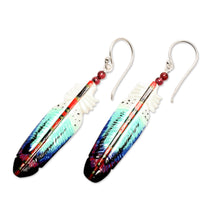 Load image into Gallery viewer, Handcrafted Blue Feather Dangle Earrings with Garnet Beads - Intuition Feathers | NOVICA
