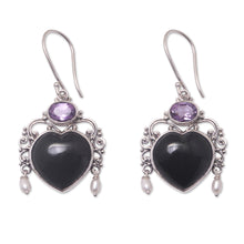 Load image into Gallery viewer, Amethyst and Cultured Pearl Heart Dangle Earrings from Bali - Love Like Midnight | NOVICA