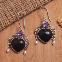 Load image into Gallery viewer, Amethyst and Cultured Pearl Heart Dangle Earrings from Bali - Love Like Midnight | NOVICA