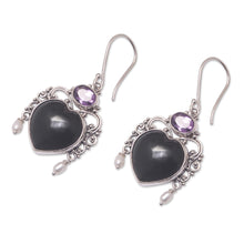 Load image into Gallery viewer, Amethyst and Cultured Pearl Heart Dangle Earrings from Bali - Love Like Midnight | NOVICA