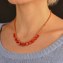 Load image into Gallery viewer, Hand-Painted Ceramic Beaded Droplet Necklace in Red & Orange - Flaming Droplets | NOVICA