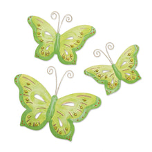Load image into Gallery viewer, Set of 3 Green Iron and Plastic Beaded Wall Art Butterflies - Green Fairytale | NOVICA