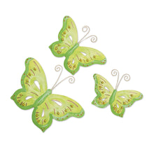 Load image into Gallery viewer, Set of 3 Green Iron and Plastic Beaded Wall Art Butterflies - Green Fairytale | NOVICA