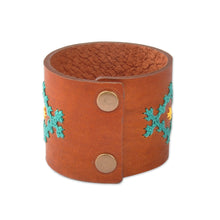 Load image into Gallery viewer, Leather Wristband Bracelet with Turquoise Cross-Stitch Motif - Marash Radiant Waves | NOVICA