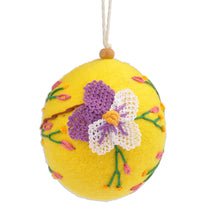 Load image into Gallery viewer, Handcrafted Floral Embroidered Wool Egg Ornament in Yellow - Sunshine Fruit | NOVICA