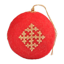 Load image into Gallery viewer, Handcrafted Embroidered Wool Egg Ornament in Red and Golden - Marash's Fruit | NOVICA