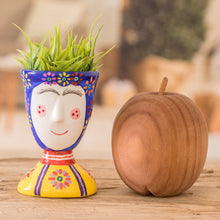 Load image into Gallery viewer, Painted Floral Blue and Yellow Ceramic Flower Pot (Small) - Flourishing Joy | NOVICA