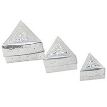 Load image into Gallery viewer, Set of 3 Repousse Triangular Aluminum Decorative Boxes - Triangular Palace | NOVICA
