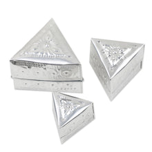 Load image into Gallery viewer, Set of 3 Repousse Triangular Aluminum Decorative Boxes - Triangular Palace | NOVICA