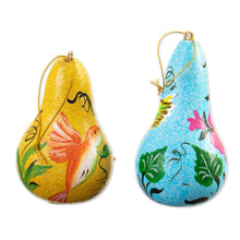 Load image into Gallery viewer, Set of Two Floral Yellow and Blue Dried Gourd Ornaments - Summer Homes | NOVICA