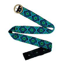 Load image into Gallery viewer, Chakana-Themed Turquoise and Green Embroidered Wool Belt - Turquoise Worlds | NOVICA
