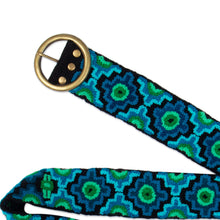 Load image into Gallery viewer, Chakana-Themed Turquoise and Green Embroidered Wool Belt - Turquoise Worlds | NOVICA