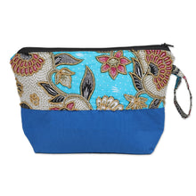 Load image into Gallery viewer, Embroidered Cotton Cosmetic Bag in Blue with Batik Motif - Blue Blooming | NOVICA