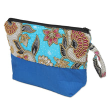 Load image into Gallery viewer, Embroidered Cotton Cosmetic Bag in Blue with Batik Motif - Blue Blooming | NOVICA