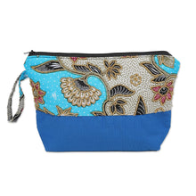 Load image into Gallery viewer, Embroidered Cotton Cosmetic Bag in Blue with Batik Motif - Blue Blooming | NOVICA
