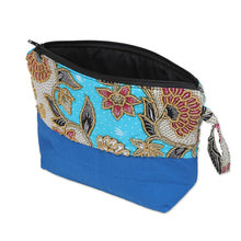 Load image into Gallery viewer, Embroidered Cotton Cosmetic Bag in Blue with Batik Motif - Blue Blooming | NOVICA