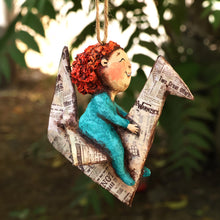 Load image into Gallery viewer, Hand-Painted Papier Mache Ornament of Child and Paper Crane - Dreamy Childhood | NOVICA