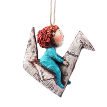 Load image into Gallery viewer, Hand-Painted Papier Mache Ornament of Child and Paper Crane - Dreamy Childhood | NOVICA