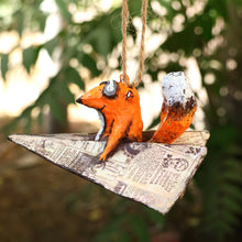 Load image into Gallery viewer, Whimsical Hand-Painted Papier Mache Aviator Fox Ornament - The Fox's Dream | NOVICA