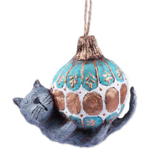 Load image into Gallery viewer, Hand-Painted Papier Mache Ornament of Cat and Holiday Ball - Feline Sphere | NOVICA