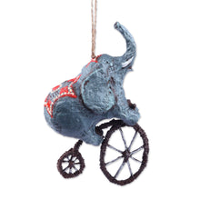 Load image into Gallery viewer, Hand-Painted Papier Mache Ornament of Elephant on a Bike - Giant's Spectacle | NOVICA