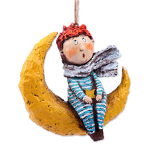 Load image into Gallery viewer, Hand-Painted Papier Mache Ornament of Boy and Moon - The Dreamy Boy | NOVICA
