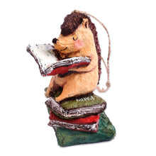 Load image into Gallery viewer, Hand-Painted Papier Mache Ornament of Hedgehog and Books - Hedgehog's Delight | NOVICA