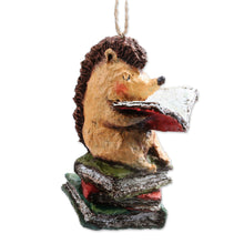Load image into Gallery viewer, Hand-Painted Papier Mache Ornament of Hedgehog and Books - Hedgehog's Delight | NOVICA