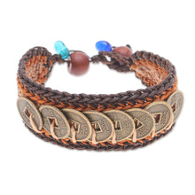 Load image into Gallery viewer, Warm-Toned Beaded Wristband Bracelet with Brass Coins - Earth Coins | NOVICA