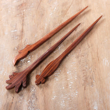 Load image into Gallery viewer, Set of 3 Hand-Carved Leafy Natural Brown Mango Wood Hairpins - Noble Grace | NOVICA