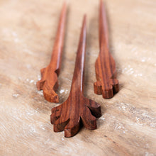 Load image into Gallery viewer, Set of 3 Hand-Carved Leafy Natural Brown Mango Wood Hairpins - Noble Grace | NOVICA