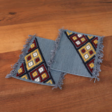 Load image into Gallery viewer, 2 Grey Cotton Coasters with Hand-Embroidered Geometric Motif - Embellished Grey | NOVICA