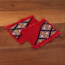 Load image into Gallery viewer, 2 Red Cotton Coasters with Hand-Embroidered Geometric Motif - Embellished Red | NOVICA