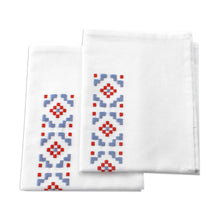 Load image into Gallery viewer, Geometric Embroidered Blue and Red Cotton Tea Towels (Pair) - Intense Dreams | NOVICA
