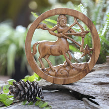 Load image into Gallery viewer, Sagittarius-Themed Hand-Carved Round Suar Wood Relief Panel - Sagittarius Firmament | NOVICA