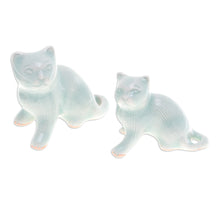 Load image into Gallery viewer, Pair of Celadon Ceramic Cat Figurines Handmade in Thailand - Cat Allure | NOVICA