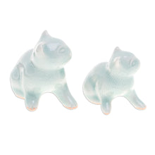 Load image into Gallery viewer, Pair of Celadon Ceramic Cat Figurines Handmade in Thailand - Cat Allure | NOVICA