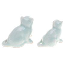 Load image into Gallery viewer, Pair of Celadon Ceramic Cat Figurines Handmade in Thailand - Cat Allure | NOVICA