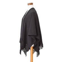 Load image into Gallery viewer, Black Cotton Ruana with Fringe Handwoven in Guatemala - Ancestral Elegance | NOVICA