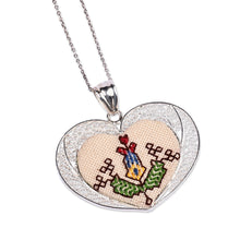 Load image into Gallery viewer, Embroidered Floral Heart-Shaped Filigree Pendant Necklace - Romance in Armenia | NOVICA