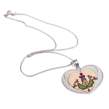 Load image into Gallery viewer, Embroidered Floral Heart-Shaped Filigree Pendant Necklace - Romance in Armenia | NOVICA